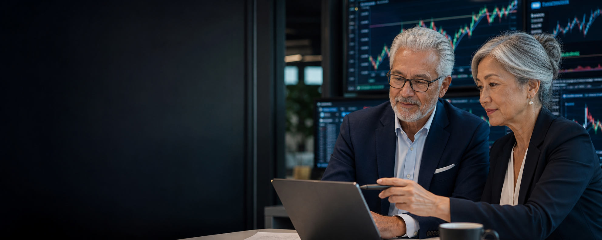 Mature traders reviewing global markets